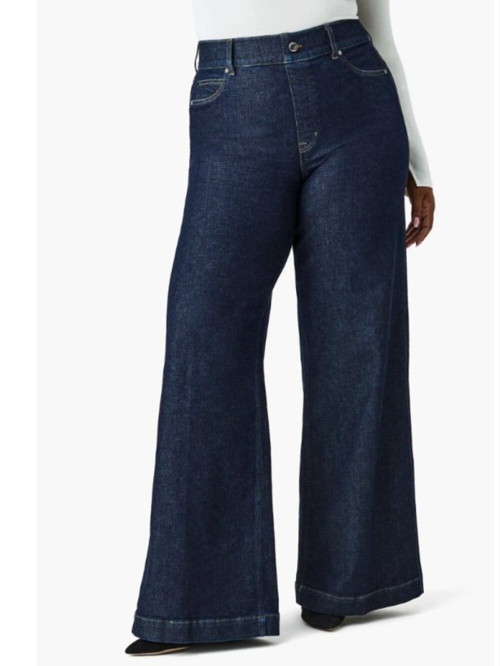 NWT Spanx Wide Leg Pull On Smoothing Dark Denim Jeans Raw Indigo Wash Sz L